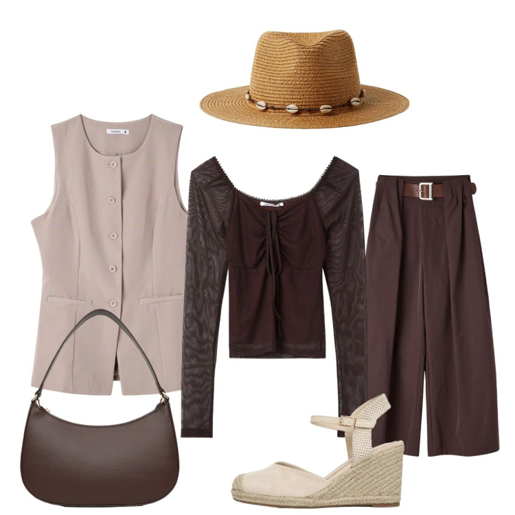 Outfit donna - Disinvolta. Stile Glamour per Tutti i giorni. Abbinamento con pantaloni, t-shirt, gilet, zeppe, cappelli, borse a tracolla.