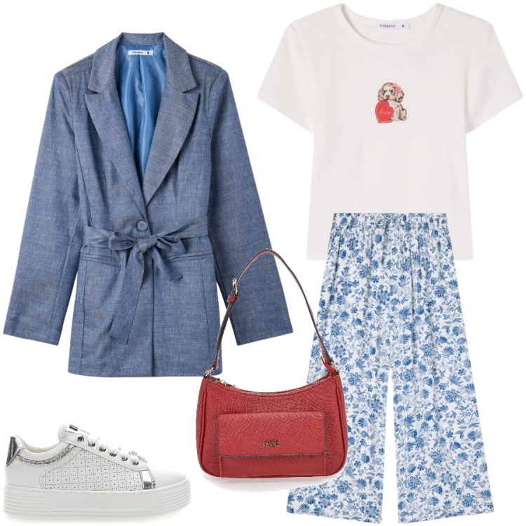 Outfit donna - Denim e fiori primaverili. Stile Casual chic per Tutti i giorni. Abbinamento con t-shirt, blazer, pantaloni a palazzo, sneakers, borse a spalla.