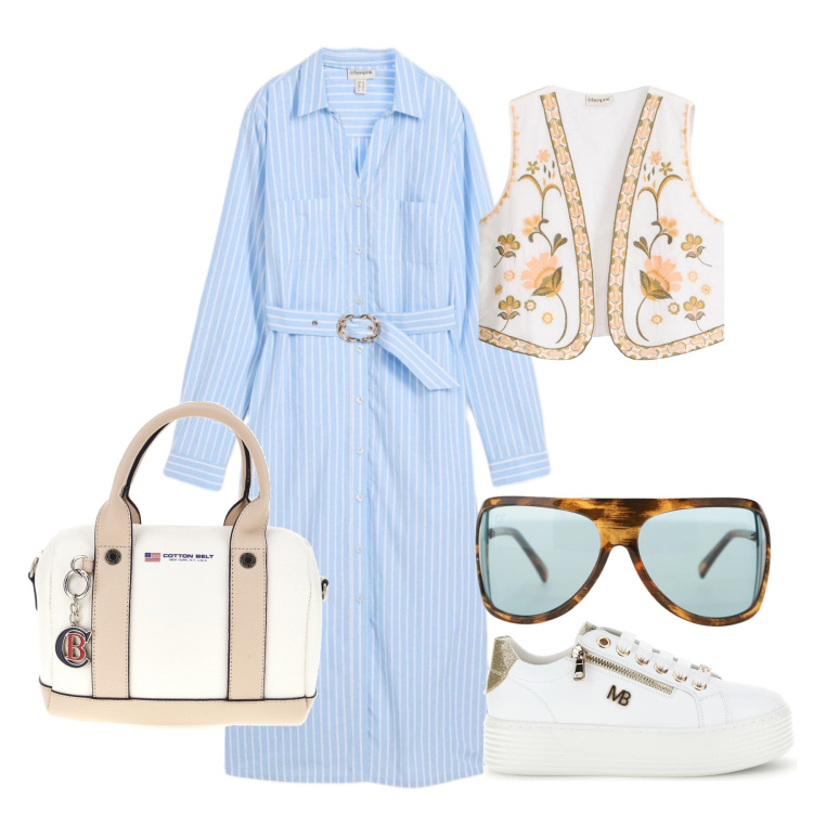 Outfit donna - Aprile. Stile Trendy per Tutti i giorni. Abbinamento con vestiti chemisier, gilet, occhiali da sole, borse a mano, sneakers.