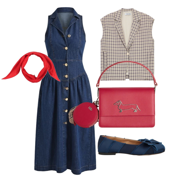 Outfit donna - Aprile. Stile Casual chic per Tutti i giorni. Abbinamento con sciarpe, ballerine, vestiti chemisier, gilet, borse a tracolla.