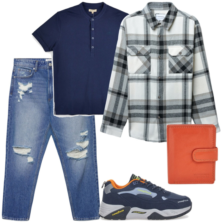 Outfit uomo - Total look #2380816. Stile Casual per Tutti i giorni. Abbinamento con cappotti, jeans strappati, portafogli, sneakers, t-shirt.