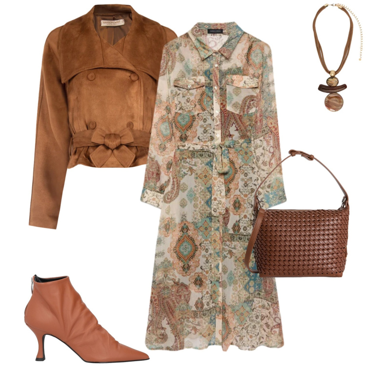 Outfit donna - Il vestito chemisier. Stile Boho per Tutti i giorni. Abbinamento con stivaletti, vestiti chemisier, giacche, ciondoli, borse a spalla.