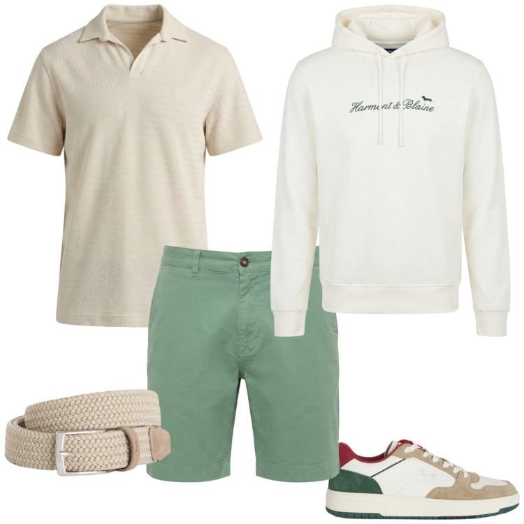 Outfit uomo - Total look #2380839. Stile Casual per Tutti i giorni. Abbinamento con cinture, sneakers, felpe con cappuccio, bermuda, polo.