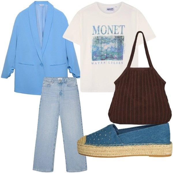 Outfit donna - casual. Stile Casual per Tutti i giorni. Abbinamento con blazer, jeans, shopping bag, t-shirt, espadrillas.