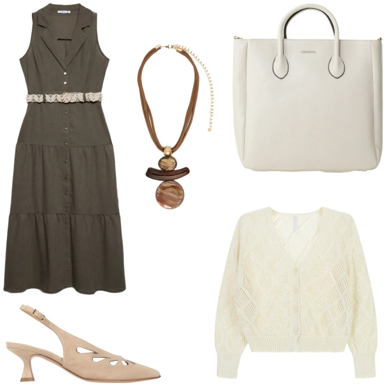Outfit donna - Primavera in chemisier. Stile Chic per Tutti i giorni. Abbinamento con décolleté, vestiti chemisier, cardigans, borse a tracolla, ciondoli.