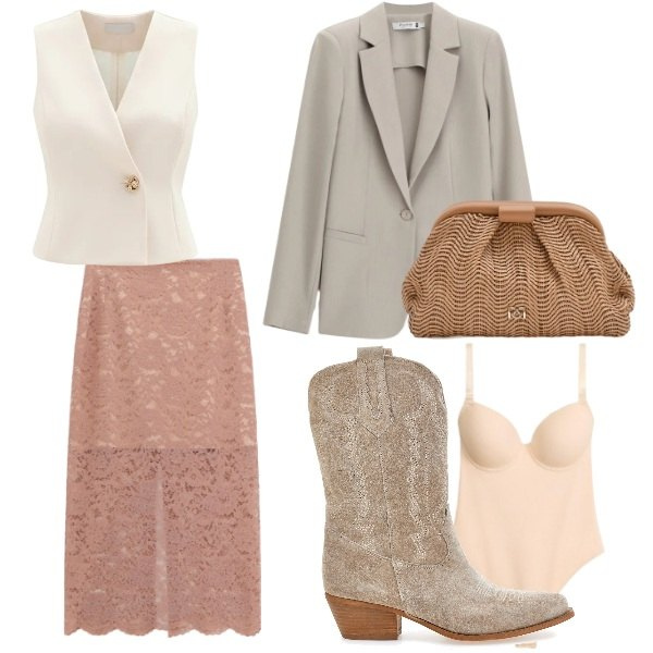 Outfit donna - Comunione in agriturismo. Stile Romantica per Cerimonia. Abbinamento con body, blazer, gonne longuette, gilet, pochette, stivaletti texani.