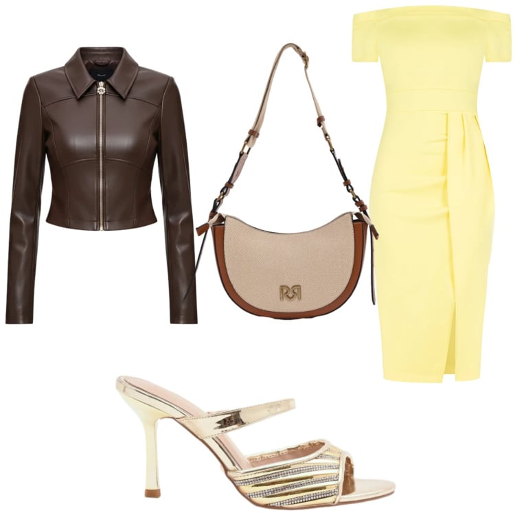Outfit donna - Rinascimento mid season sale. Stile Chic per Serata fuori. Abbinamento con vestiti asimmetrici, giacche, borse a tracolla, sabot.