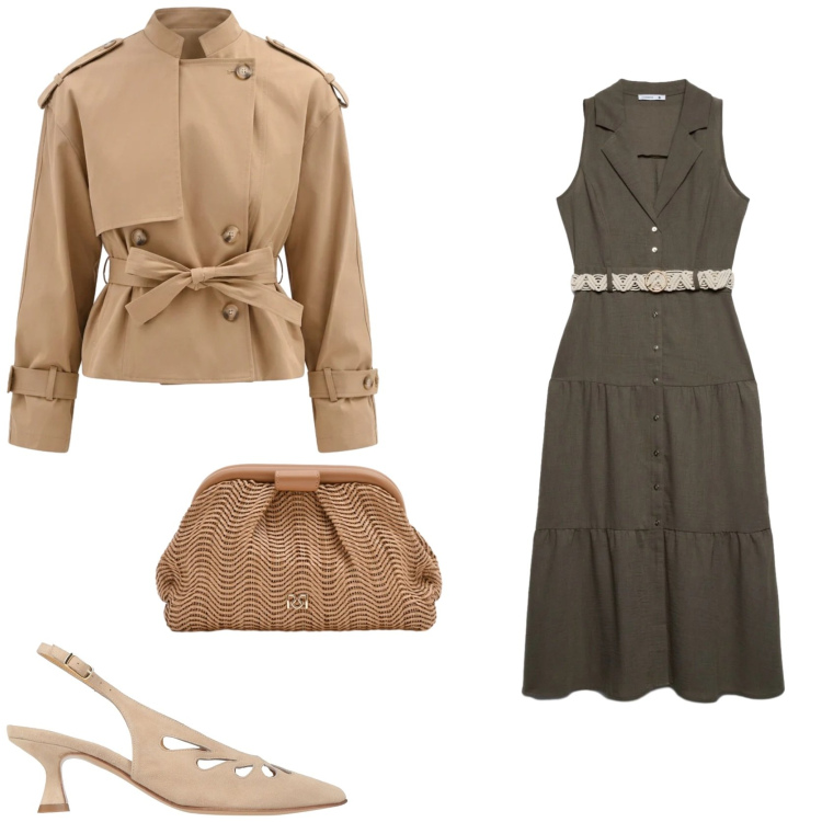 Outfit donna - Trendy in cropped trench. Stile Trendy per Tutti i giorni. Abbinamento con décolleté, vestiti chemisier, pochette, caban.