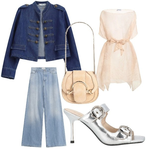 Outfit donna - casual. Stile Casual chic per Tutti i giorni. Abbinamento con marsupi, top, sandali in pelle, jeans, blazer.