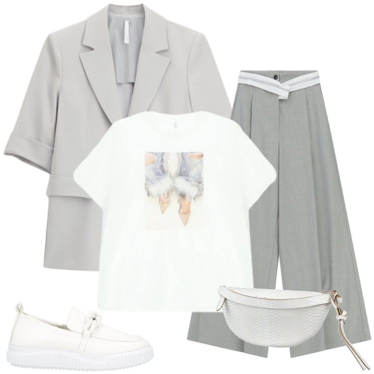 Outfit donna - Chic Contemporaneo. Stile Casual chic per Tutti i giorni. Abbinamento con mocassini, marsupi, t-shirt, pantaloni a palazzo, blazer.