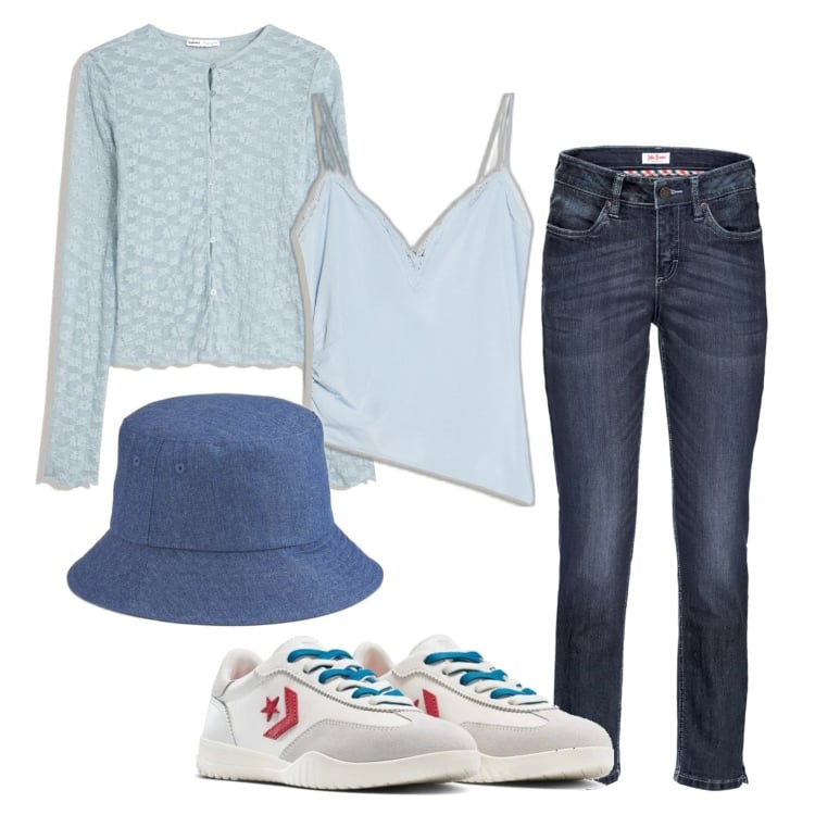 Outfit mujer - Basic #1598. Estilo Basic para Todos los días. Combinación con vaqueros, cárdigans, sneakers, top, sombreros.