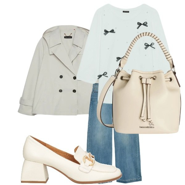 Outfit donna - casual. Stile Bon Ton per Tutti i giorni. Abbinamento con mocassini, trench, t-shirt, jeans, borse a secchiello.