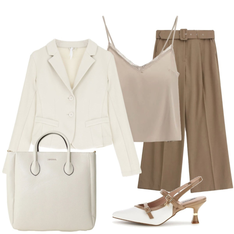 Outfit donna - L’ideale blazer color avorio. Stile Chic per Cerimonia. Abbinamento con blazer, canottiere, borse a tracolla, pantaloni a palazzo, décolleté.