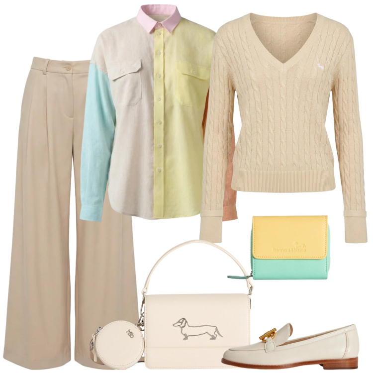 Outfit donna - Color sorbetto. Stile Casual chic per Scuola/Università. Abbinamento con pullovers, portafogli, pantaloni, camicie, borse a tracolla, mocassini.