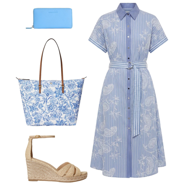 Outfit donna - Tonalità fresche. Stile Romantica per Tutti i giorni. Abbinamento con vestiti chemisier, portafogli, espadrillas, borse tote.