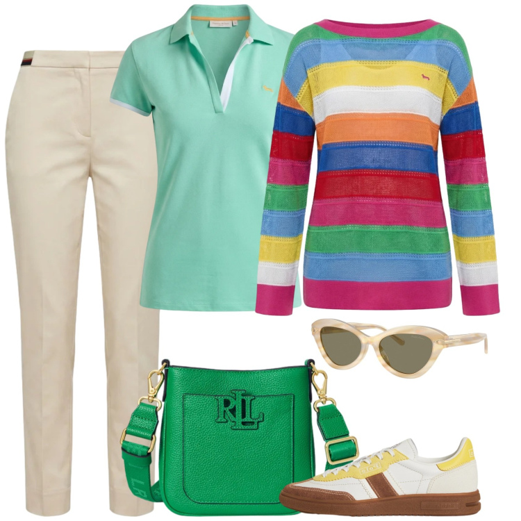 Outfit donna - I gusti del gelato. Stile Casual per Scuola/Università. Abbinamento con pantaloni chino, maglieria, polo, occhiali da sole, borse a tracolla, sneakers.