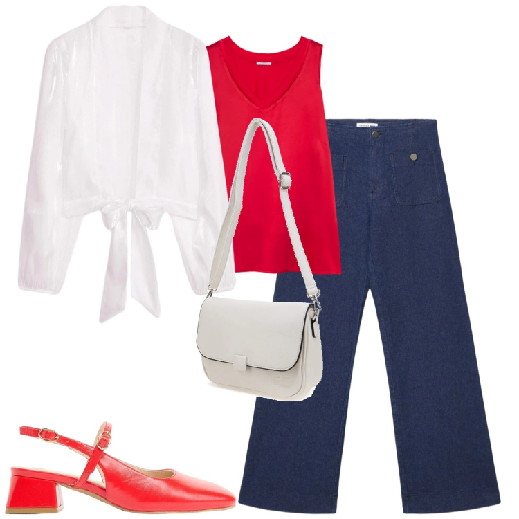 Outfit donna - Total look #2380925. Stile Casual chic per Tutti i giorni. Abbinamento con décolleté, bolero, jeans, top, borse a tracolla.