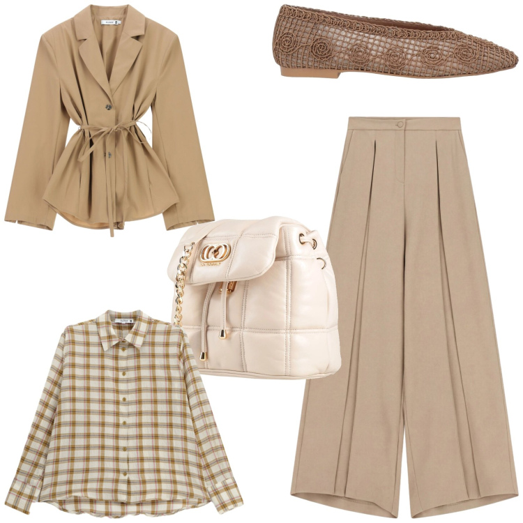 Outfit donna - Linee classiche e raffinate. Stile Chic per Tutti i giorni. Abbinamento con valigie, ballerine, camicie, blazer, pantaloni a palazzo.