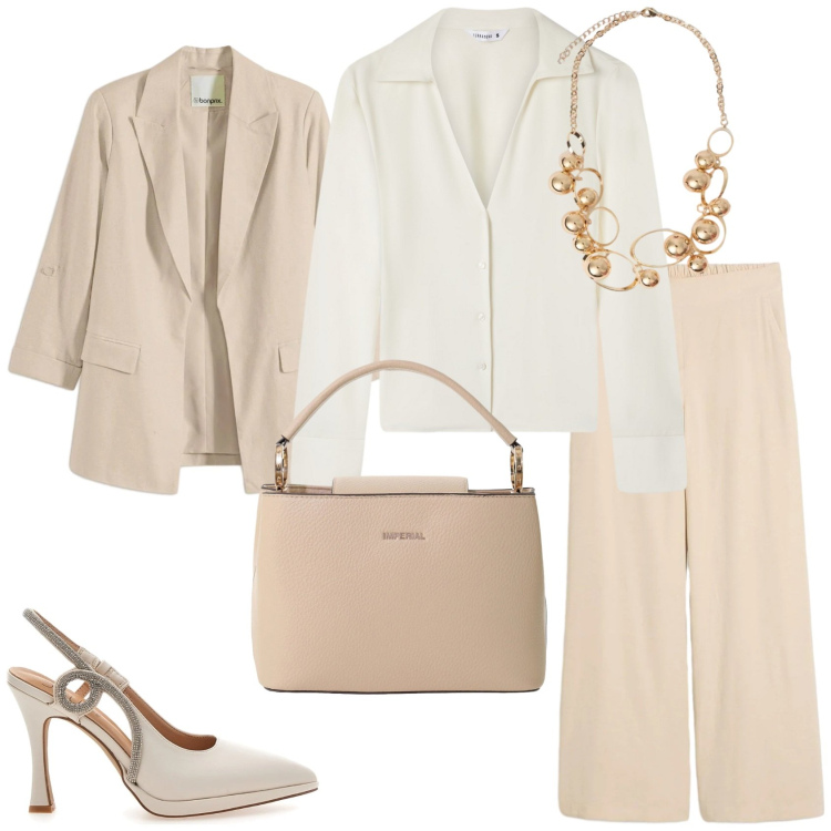 Outfit donna - Un outfit in palette neutra. Stile Casual chic per Ufficio. Abbinamento con pantaloni a palazzo, blazer, camicie, borse a secchiello, collane, décolleté.