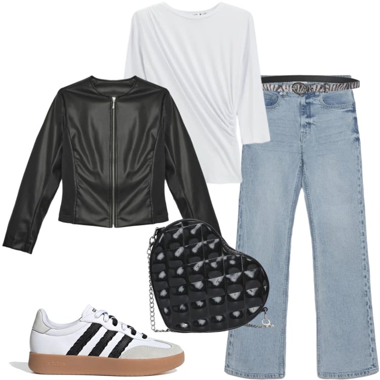 Outfit donna - Total look #2380928. Stile Casual per Tutti i giorni. Abbinamento con top, sneakers, giacche, jeans bootcut, borse a tracolla, cinture.