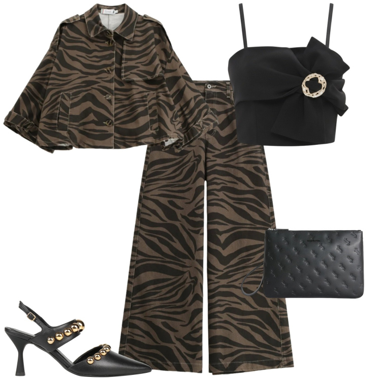 Outfit donna - Casual chic serata evento. Stile Casual chic per Serata fuori. Abbinamento con décolleté, top, pantaloni a palazzo, blazer, anelli.