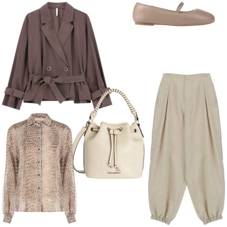 Outfit donna - Easy. Stile Chic per Tutti i giorni. Abbinamento con ballerine, blazer, pantaloni, camicie, borse a secchiello.