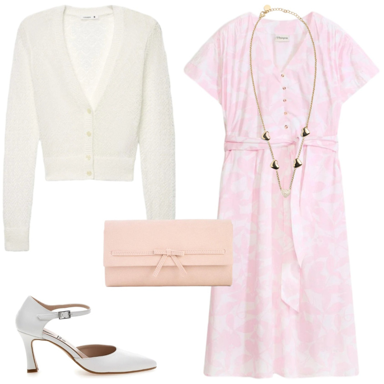 Outfit donna - L\'outfit basic primaverile. Stile Basic per Tutti i giorni. Abbinamento con vestiti midi/longuette, pochette, cardigans, collane, décolleté.