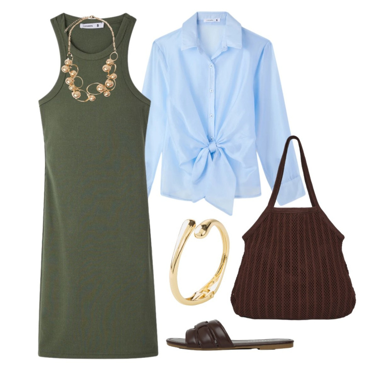 Outfit donna - Minimal Riviera Chic. Stile Casual chic per Mare. Abbinamento con braccialetti, vestiti midi/longuette, camicie, shopping bag, ciabatte, collane.