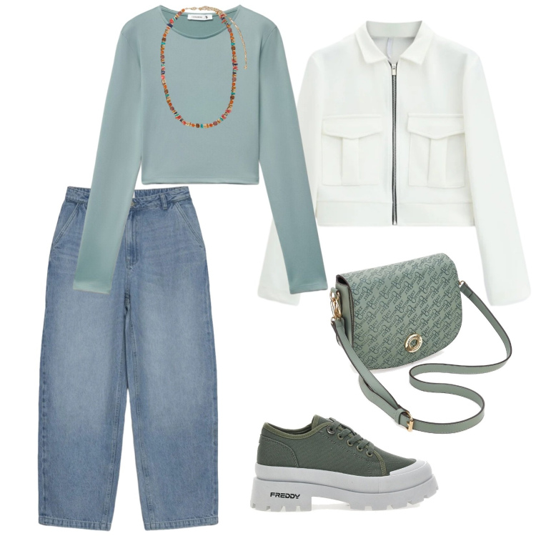 Outfit donna - Sportiva primavera. per Tutti i giorni. Abbinamento con t-shirt, jeans dritti, cappotti, collane, sneakers alte, borse a tracolla.