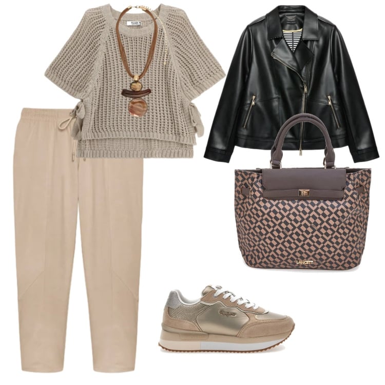 Outfit donna - Pelle. per Tutti i giorni. Abbinamento con ciondoli, blazer, pantaloni, top, sneakers, borse a mano.