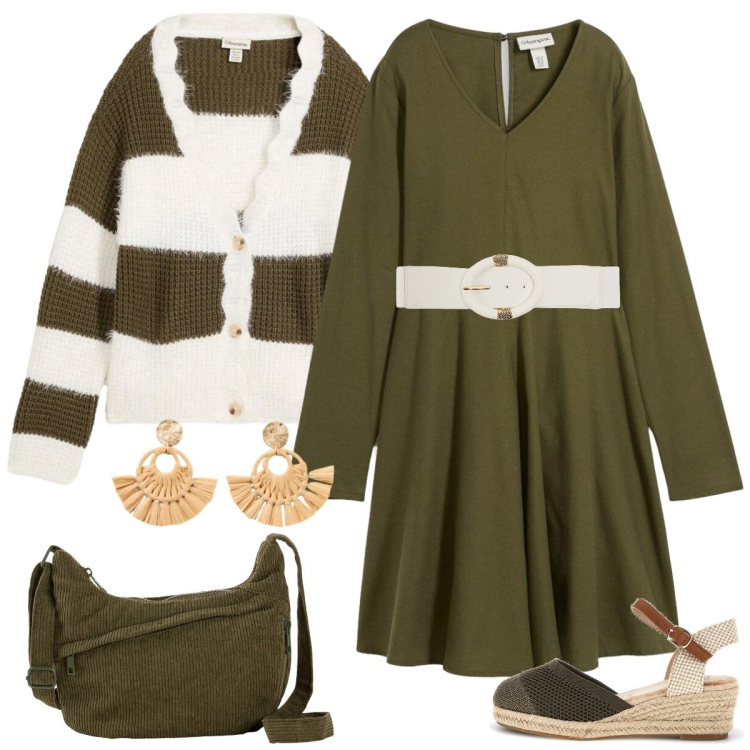 Outfit donna - Verde militare. Stile Boho per Tutti i giorni. Abbinamento con vestiti, borse a tracolla, cardigans, orecchini, cinture, zeppe.