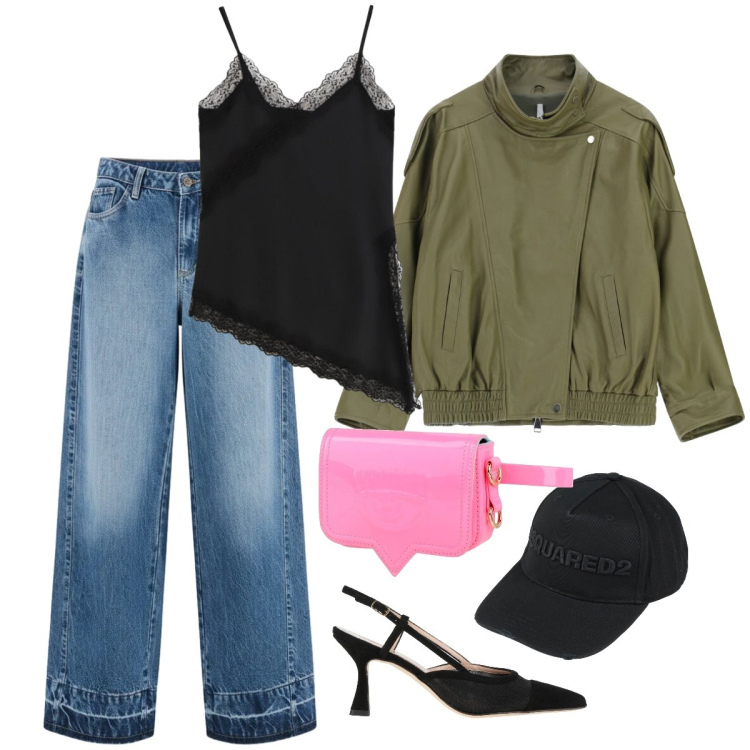 Outfit donna - Street Glam Utility. Stile Urban per Tutti i giorni. Abbinamento con marsupi, décolleté, cappelli con visiera, canottiere, giacche, jeans dritti.