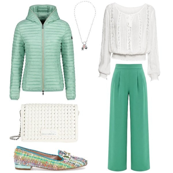 Outfit donna - Voglia di leggerezza. Stile Glamour per Tutti i giorni. Abbinamento con bluse, pantaloni a palazzo, borse a tracolla, ciondoli, piumini, mocassini.