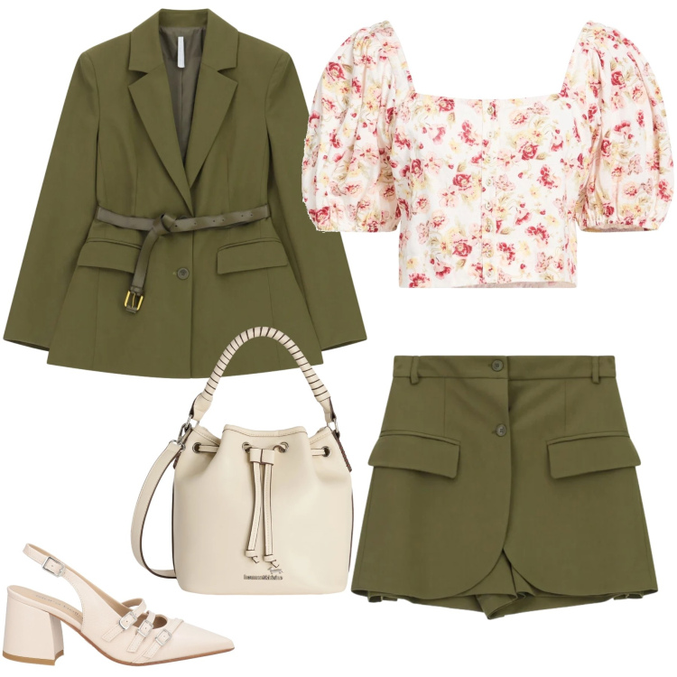 Outfit donna - Urban Safari Chic. Stile Casual chic per Tutti i giorni. Abbinamento con décolleté, camicie a manica corta, blazer, shorts, borse a secchiello.