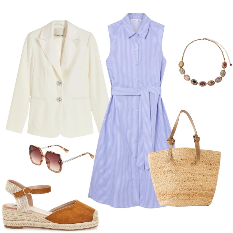 Outfit donna - Eleganza Estiva. Stile Casual chic per Tutti i giorni. Abbinamento con blazer, occhiali da sole, shopping bag, vestiti chemisier, collane, zeppe.