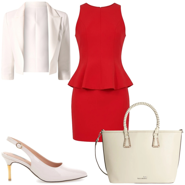 Outfit donna - Cerimonia in rosso. Stile Chic per Cerimonia. Abbinamento con shopping bag, vestiti a tubino, blazer, décolleté.