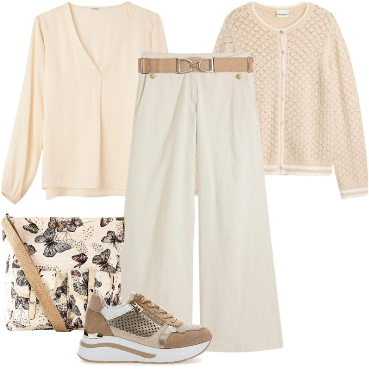 Outfit donna - Pantaloni wide leg con bottoni decorati. Stile Bon Ton per Ufficio. Abbinamento con cardigans, borse a tracolla, pantaloni, cinture, bluse, sneakers alte.
