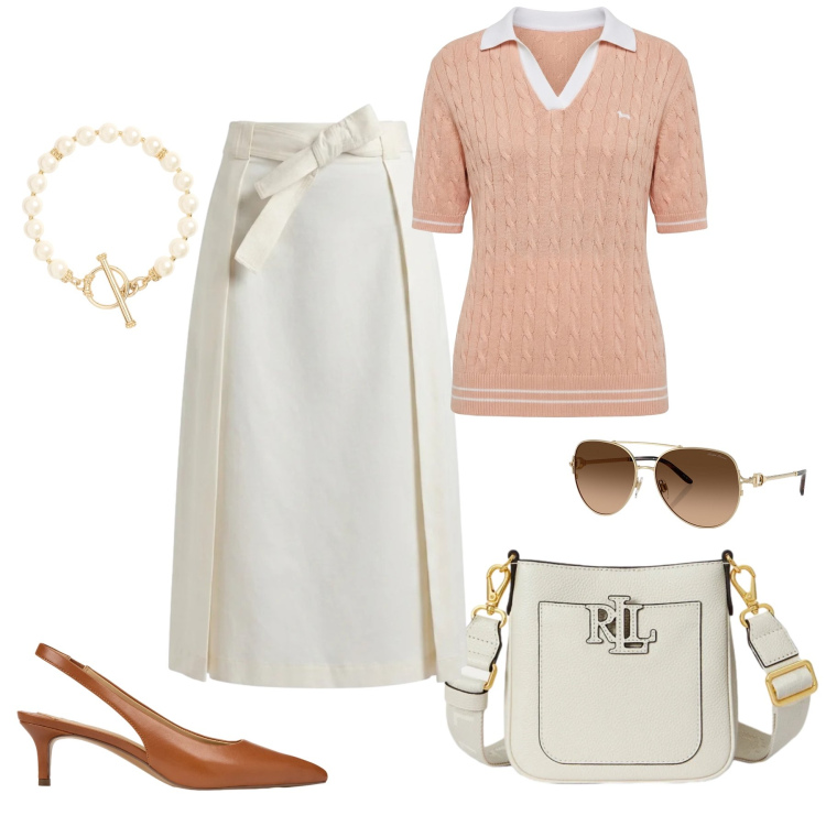 Outfit donna - Old Money Elegance. Stile Casual chic per Tutti i giorni. Abbinamento con gonne longuette, polo, décolleté, occhiali da sole, borse a tracolla, braccialetti.