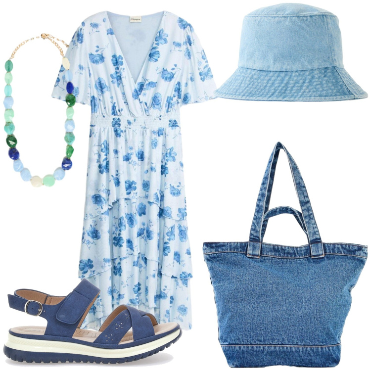 Outfit donna - Giornata di libertà. Stile Casual per Tutti i giorni. Abbinamento con cappelli, vestiti midi/longuette, shopping bag, collane, sandali.