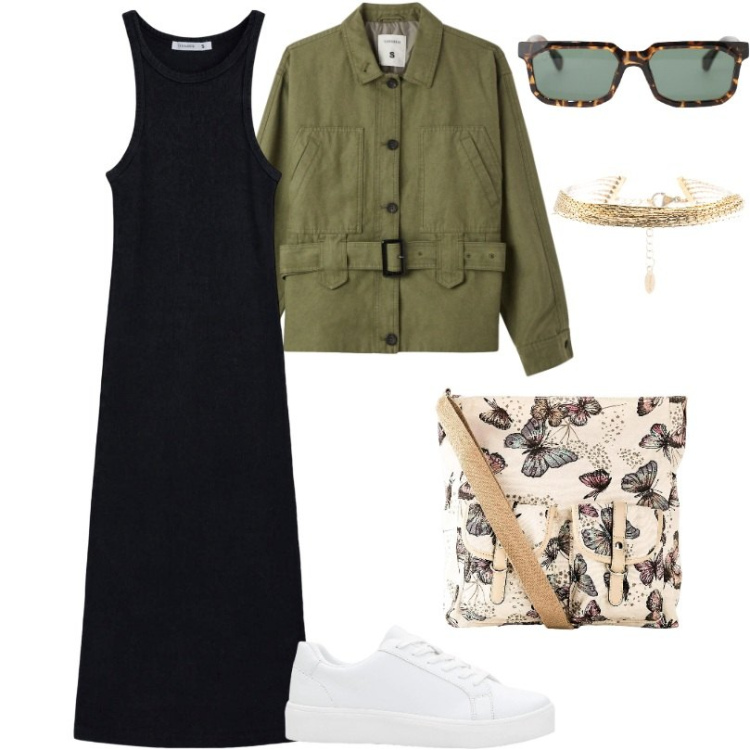 Outfit donna - Borsa primaverile. Stile Basic per Tutti i giorni. Abbinamento con sneakers, borse a tracolla, cappotti, vestiti lunghi, occhiali da sole, braccialetti.