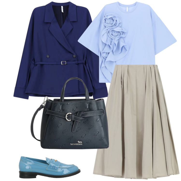 Outfit donna - È arrivata la primavera. per Ufficio. Abbinamento con mocassini, t-shirt, blazer, gonne lunghe, borse a mano.