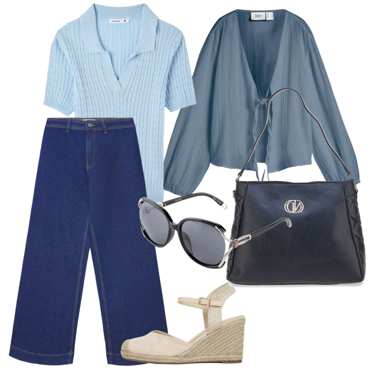 Outfit donna - Un po\' di sole. per Mare. Abbinamento con occhiali da sole, blazer, polo, jeans, zeppe, borse a spalla.