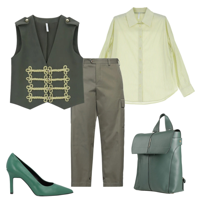Outfit donna - Total look #2381000. Stile Casual chic per Serata fuori. Abbinamento con pantaloni cargo, décolleté, zaini, gilet, camicie.