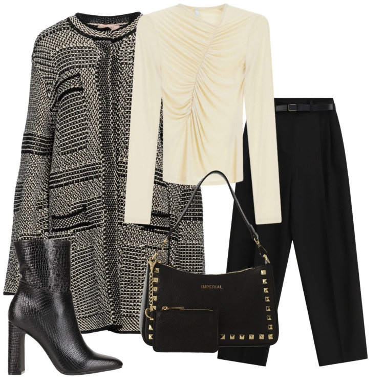 Outfit donna - Total look #2381001. Stile Basic per Ufficio. Abbinamento con cappotti, stivaletti, t-shirt, pantaloni a palazzo, borse a spalla.