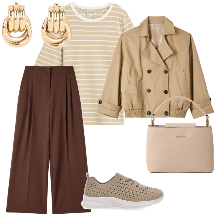 Outfit donna - Tonalità della terra. per Tutti i giorni. Abbinamento con t-shirt, orecchini, pantaloni, trench, borse a secchiello, sneakers.