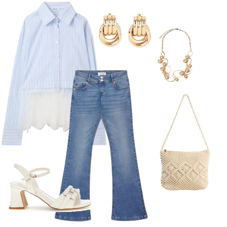 Outfit donna - Primi giorni di primavera. Stile Casual chic per Tutti i giorni. Abbinamento con orecchini, borse a tracolla, camicie, jeans a zampa, collane, sandali col tacco.