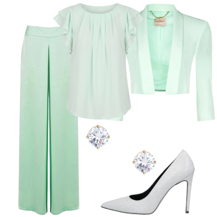 Outfit donna - Freschezza di Primavera. Stile Minimal per Serata fuori. Abbinamento con décolleté, pantaloni a palazzo, canottiere, bolero, orecchini.