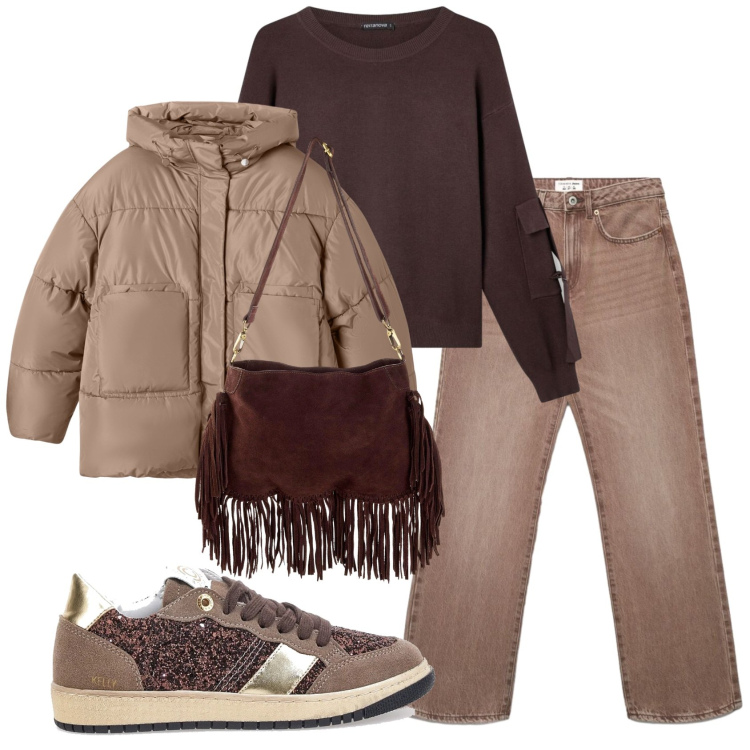 Outfit donna - Total look #2381007. Stile Casual per Tutti i giorni. Abbinamento con borse a tracolla, maglieria, bomber, jeans dritti, sneakers.