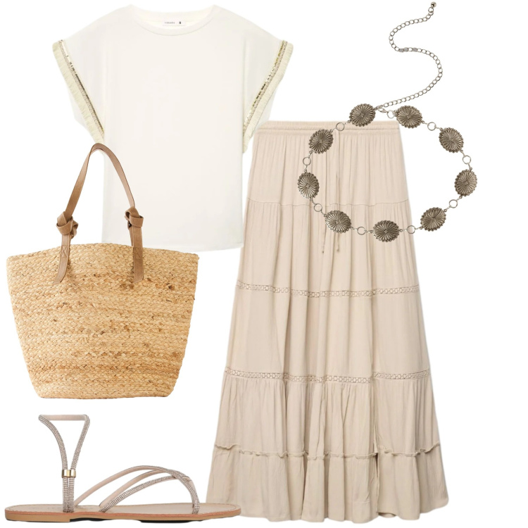 Outfit donna - Pensando all\'estate. Stile Casual chic per Tutti i giorni. Abbinamento con shopping bag, gonne lunghe, t-shirt, sandali, cinture.