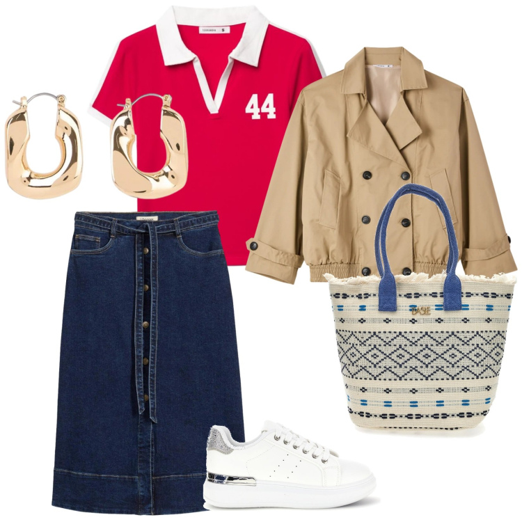 Outfit donna - Urban. per Tutti i giorni. Abbinamento con gonne longuette, orecchini, polo, trench, borse a mano, sneakers.